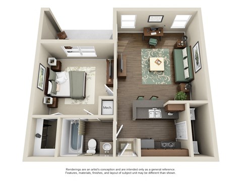 Floor plan for 1 bed, 1 bath, 667 sqft